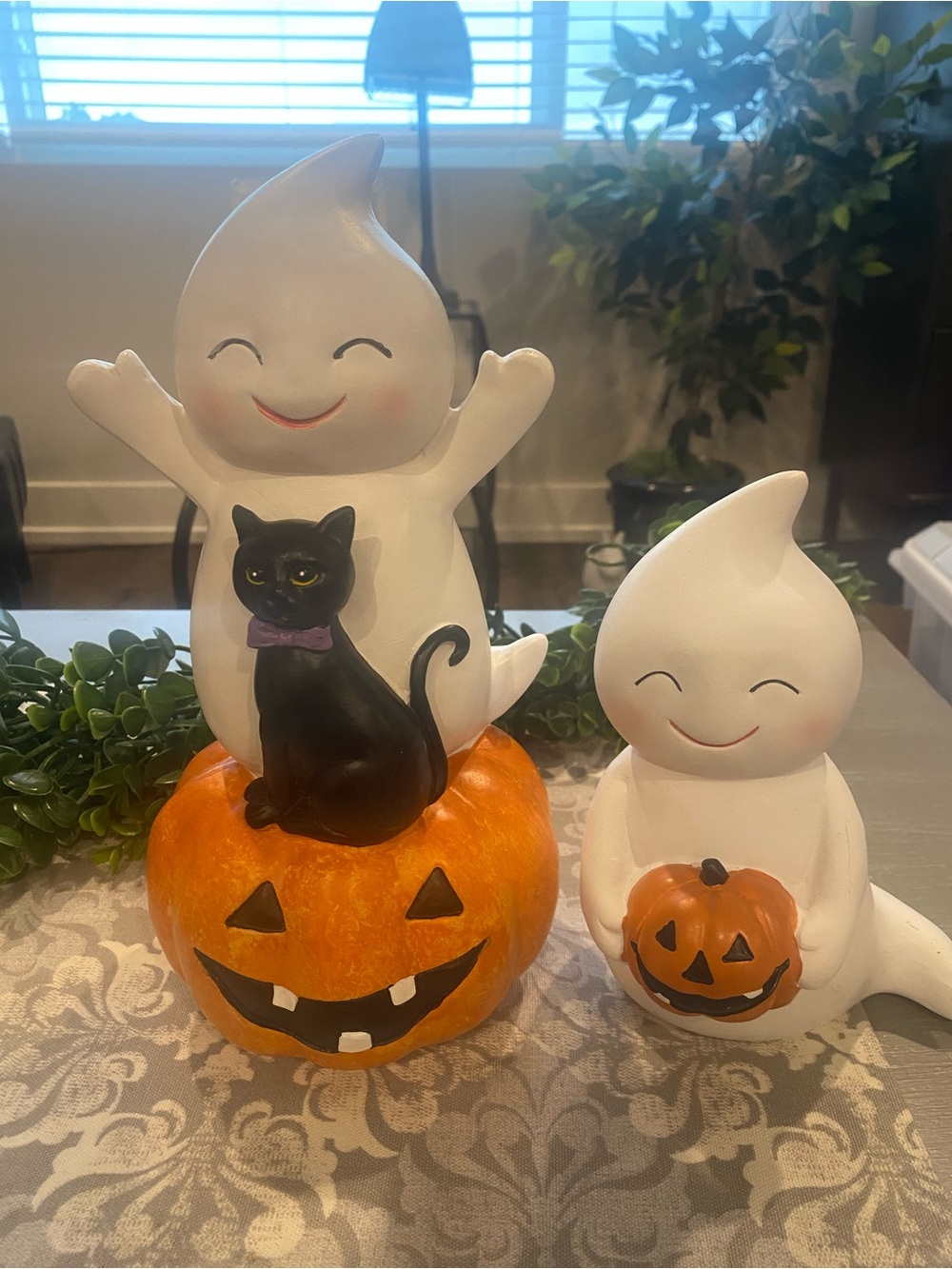 Set of 2 Halloween Ghost Figurine Set with Pumpkin and Black Cat Homegoods